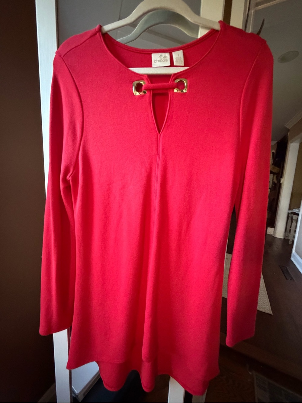 Chico's Coral-Red Long Sleeve Tunic with Gold Eyelet Detail, 1, NWOT